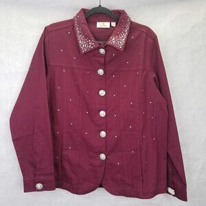 Quacker Factory Denim Jacket Women's M Pearl Rhinestone Embellished Wine Red NEW